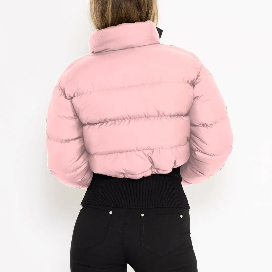 FindThy Womens Winter Cropped Puffer Jacket Classic Long Sleeve Stand Collar Padded Down Coats