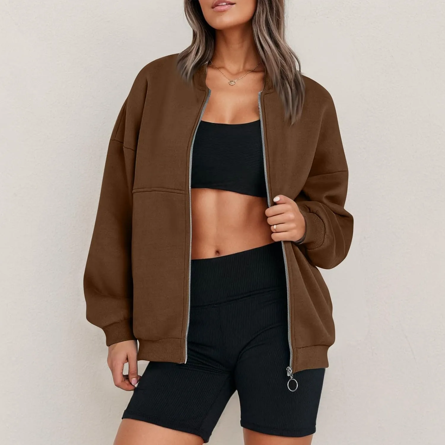 Fleece Jacket Women Zip Up Sweatshirt Casual Loose Fit Oversized Hoodie Trendy Bomber Jacket Long Sleeve Coats