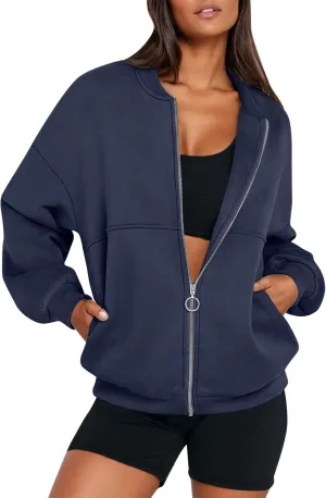 Fleece Jacket Women Zip Up Sweatshirt Casual Loose Fit Oversized Hoodie Trendy Bomber Jacket Long Sleeve Coats
