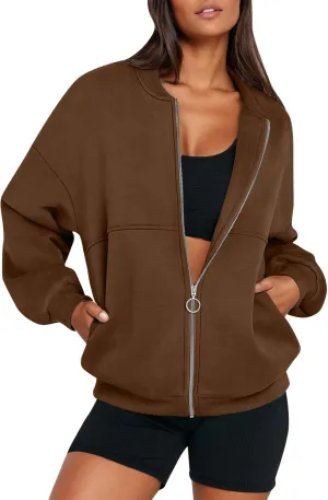 Fleece Jacket Women Zip Up Sweatshirt Casual Loose Fit Oversized Hoodie Trendy Bomber Jacket Long Sleeve Coats