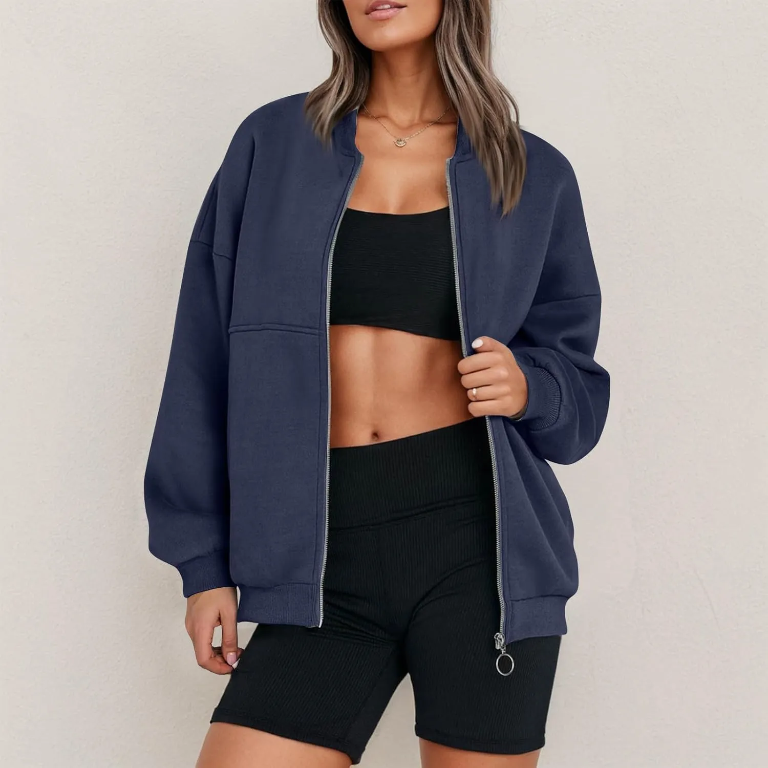 Fleece Jacket Women Zip Up Sweatshirt Casual Loose Fit Oversized Hoodie Trendy Bomber Jacket Long Sleeve Coats