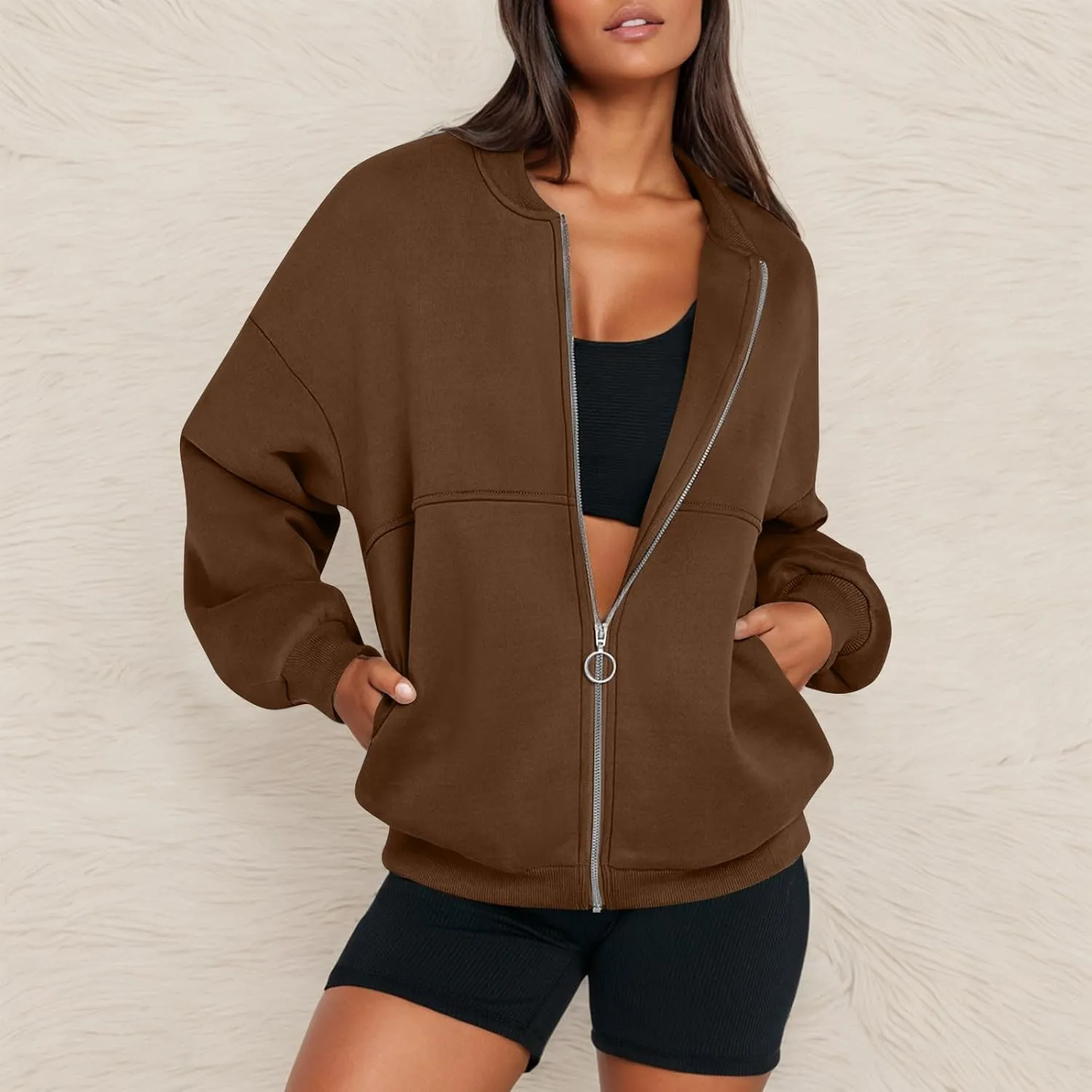 Fleece Jacket Women Zip Up Sweatshirt Casual Loose Fit Oversized Hoodie Trendy Bomber Jacket Long Sleeve Coats