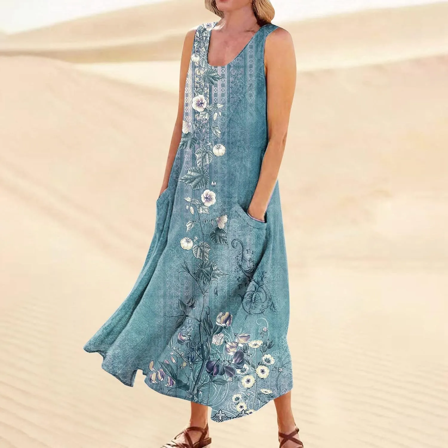 FlekmanArt Womens Summer Dresses Beach Long Dress Sleeveless Elegant Flowy Dresses Plus Size Loose Dress with Pockets