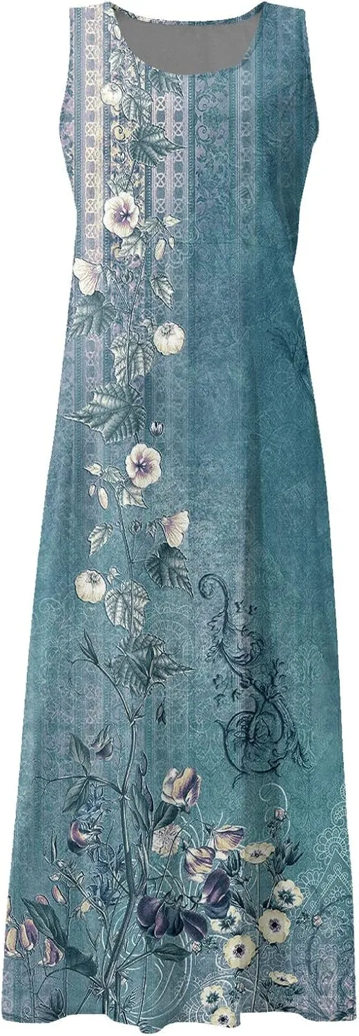 FlekmanArt Womens Summer Dresses Beach Long Dress Sleeveless Elegant Flowy Dresses Plus Size Loose Dress with Pockets