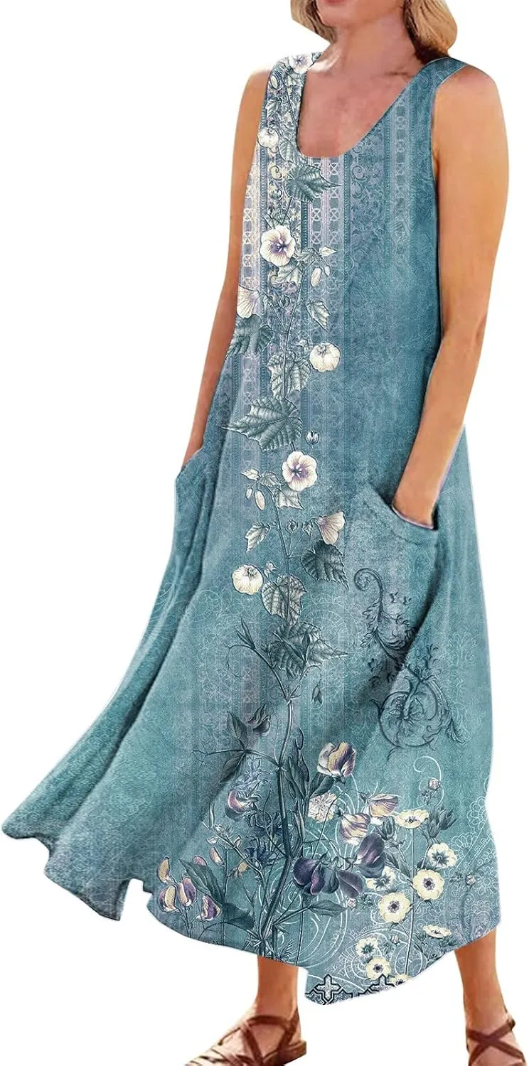 FlekmanArt Womens Summer Dresses Beach Long Dress Sleeveless Elegant Flowy Dresses Plus Size Loose Dress with Pockets