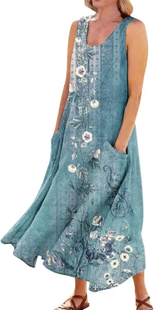 FlekmanArt Womens Summer Dresses Beach Long Dress Sleeveless Elegant Flowy Dresses Plus Size Loose Dress with Pockets