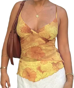 Floral Crop Cami Tops for Women Y2k Backless Flower Printed Spaghetti Straps Tops Summer Going Out Camisoles
