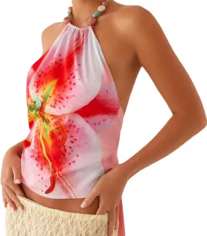 Floral Crop Cami Tops for Women Y2k Backless Flower Printed Spaghetti Straps Tops Summer Going Out Camisoles