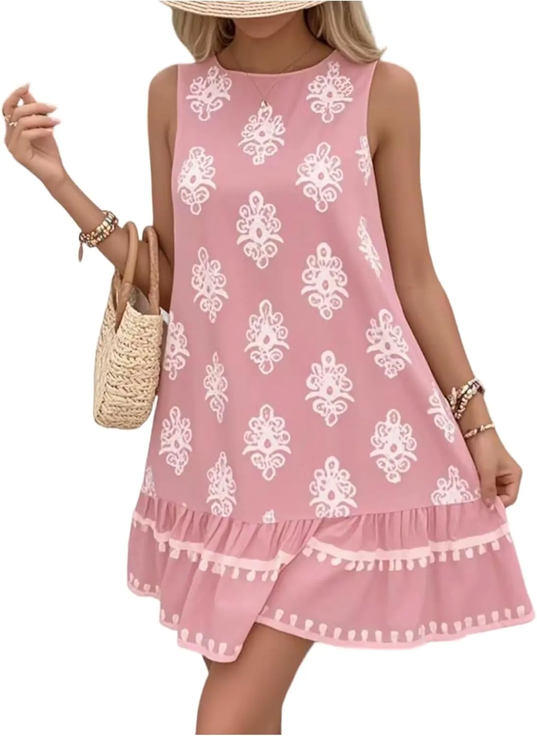 Floral Dress for Women Wedding Guest Crewneck Sleeveless Cute Summer Dresses Casual Mini Boho Ruffle Short Flowy Dress