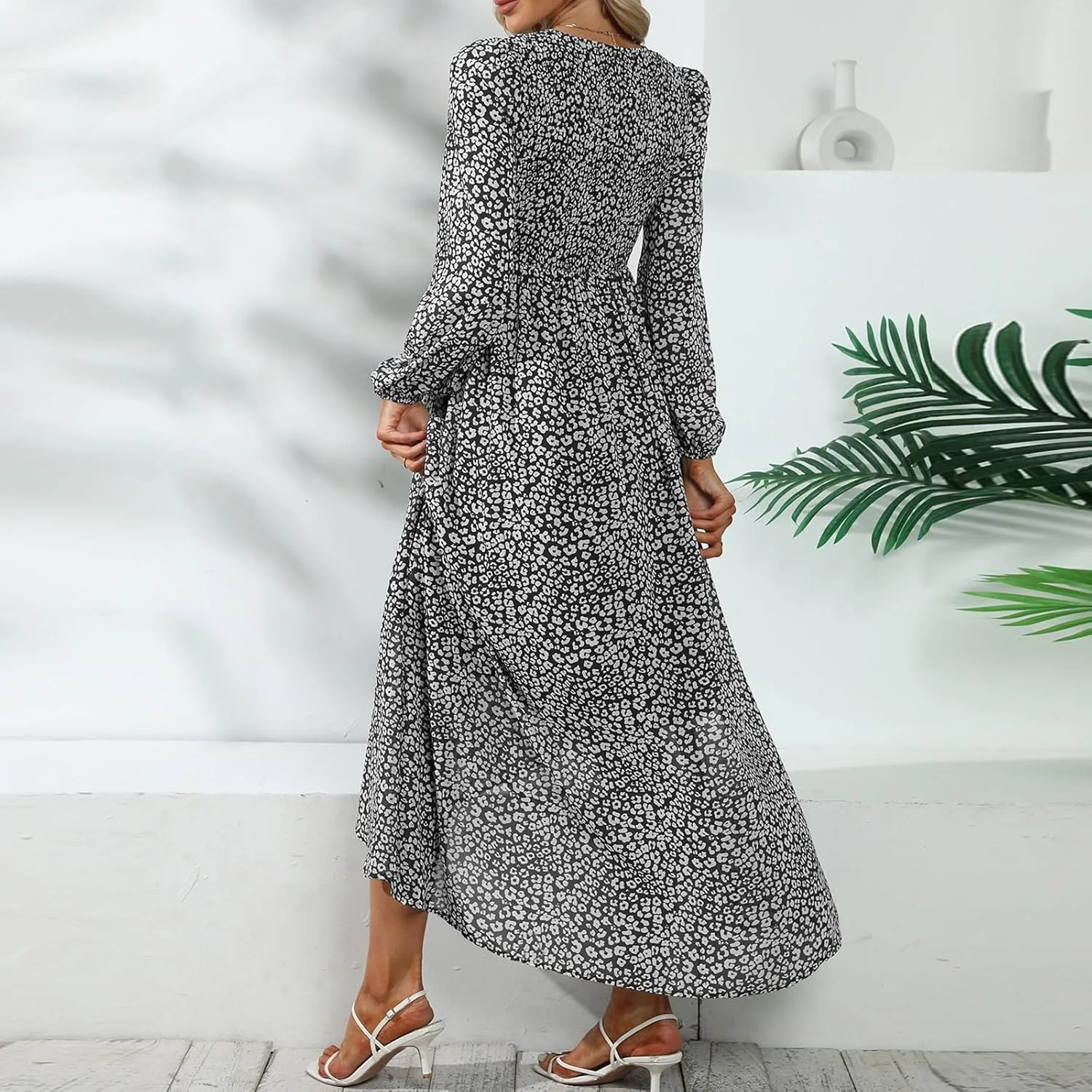 Floral Dresses for Women Spring Elegant Wrap V Neck Slim Beach DressTrendy Flowy Ruche Long Sleeve Boho Sundresses