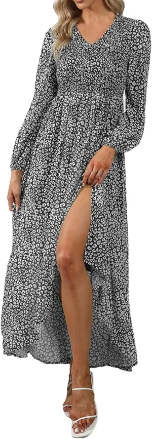 Floral Dresses for Women Spring Elegant Wrap V Neck Slim Beach DressTrendy Flowy Ruche Long Sleeve Boho Sundresses