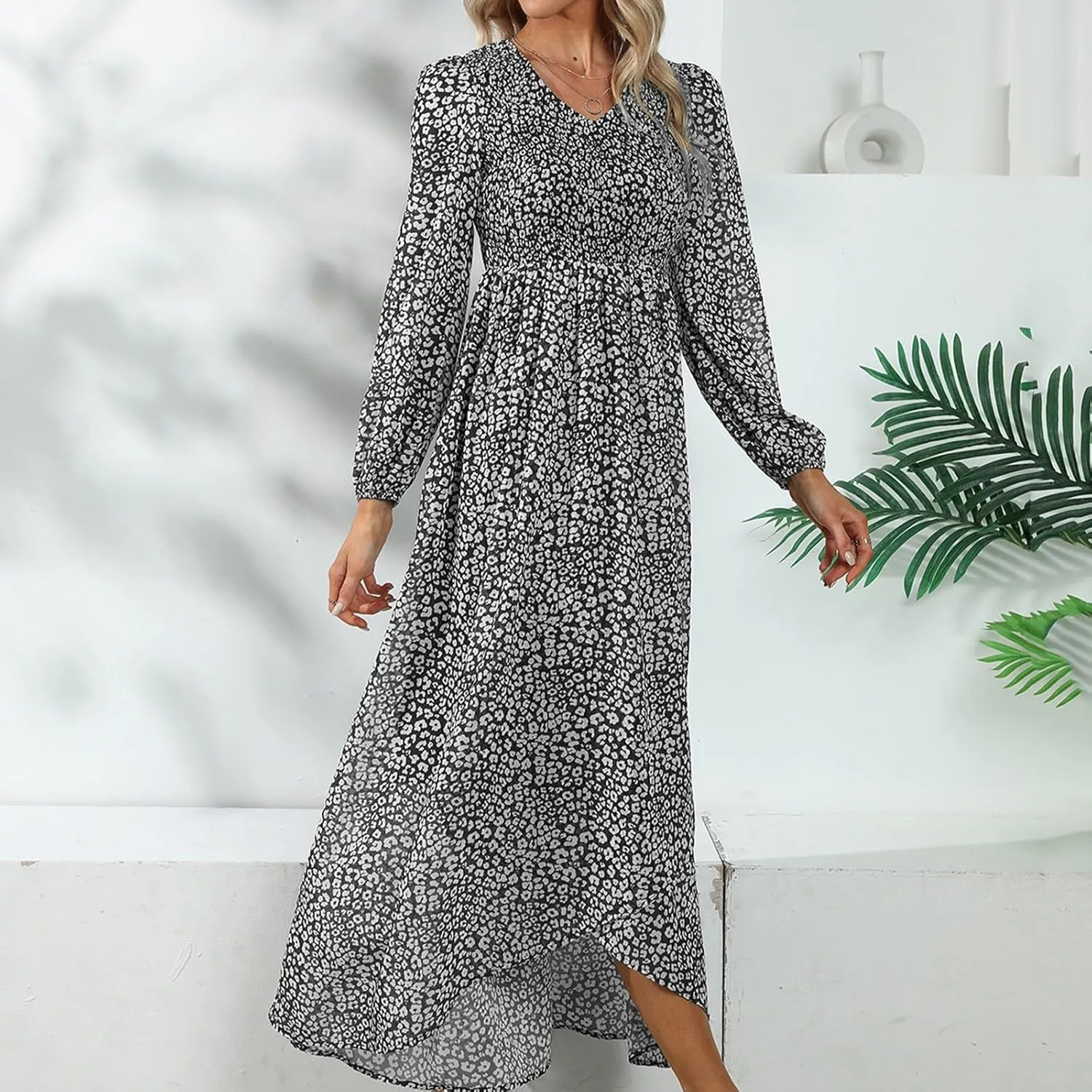 Floral Dresses for Women Spring Elegant Wrap V Neck Slim Beach DressTrendy Flowy Ruche Long Sleeve Boho Sundresses