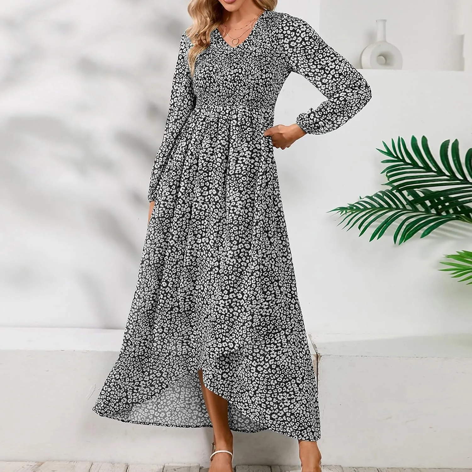Floral Dresses for Women Spring Elegant Wrap V Neck Slim Beach DressTrendy Flowy Ruche Long Sleeve Boho Sundresses