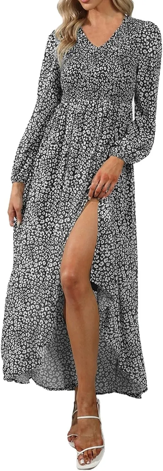 Floral Dresses for Women Spring Elegant Wrap V Neck Slim Beach DressTrendy Flowy Ruche Long Sleeve Boho Sundresses