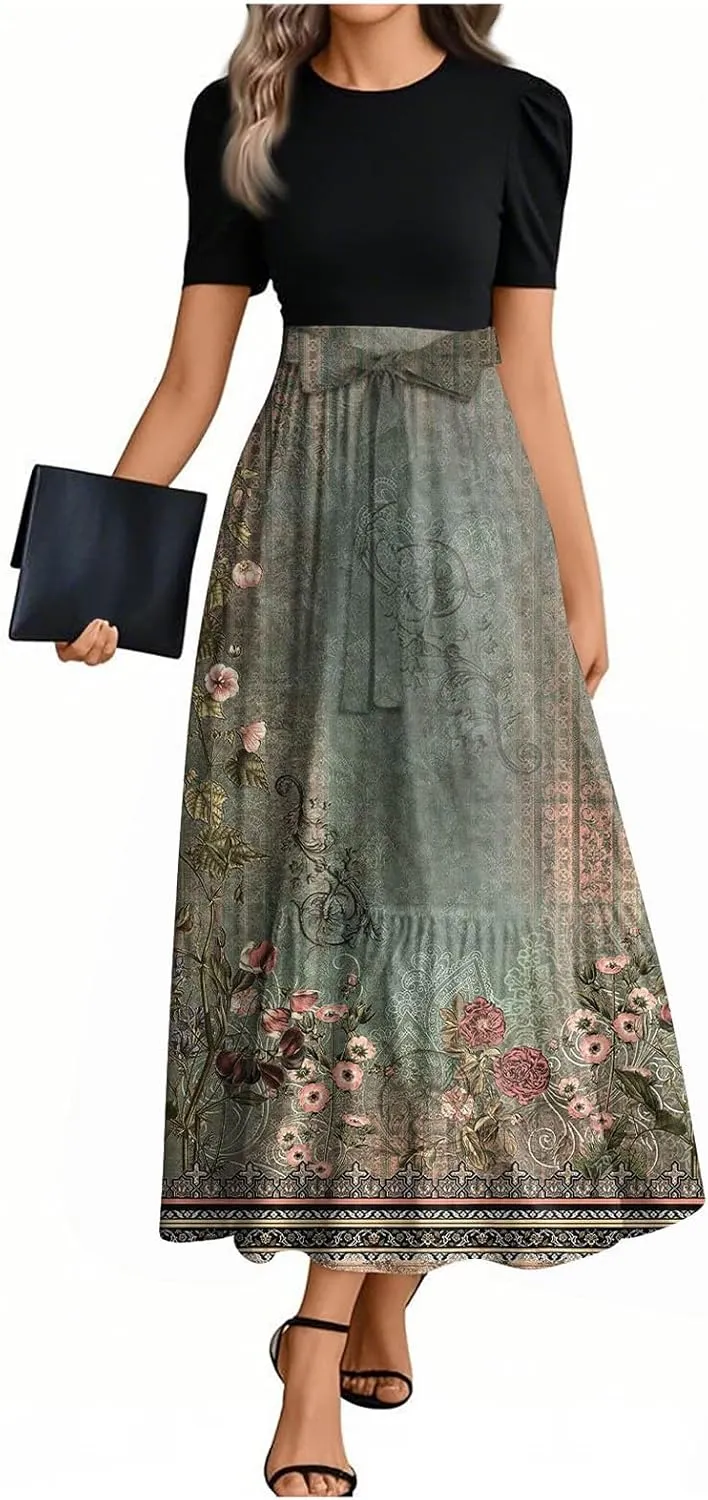 Floral Long Dresses for Women Summer Elegant Tie Patchwork Dress Empire Waist Short Sleeve Modest Flowy Maxi Dress