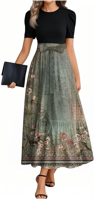 Floral Long Dresses for Women Summer Elegant Tie Patchwork Dress Empire Waist Short Sleeve Modest Flowy Maxi Dress