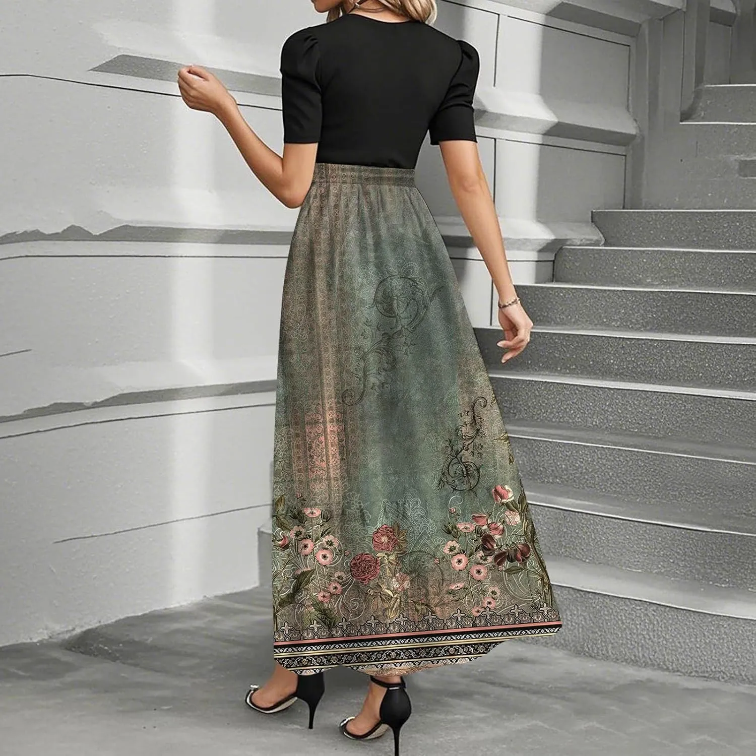 Floral Long Dresses for Women Summer Elegant Tie Patchwork Dress Empire Waist Short Sleeve Modest Flowy Maxi Dress