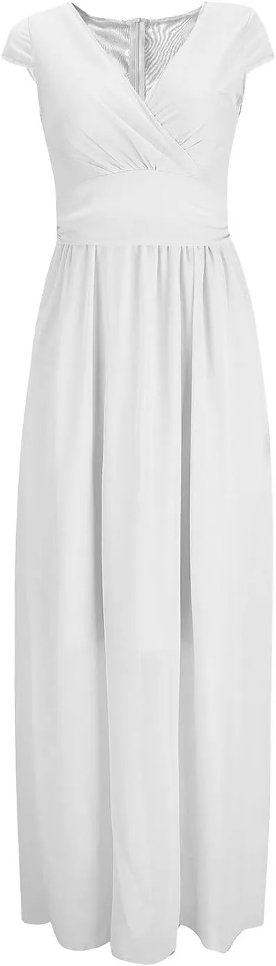 Flowy Maxi Dress Womens Spring Dresses Plus Size Short Sleeve V Neck Long Casual Plain Fashion Wedding Guest Dress S-5X