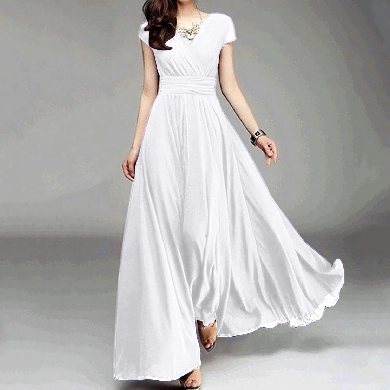 Flowy Maxi Dress Womens Spring Dresses Plus Size Short Sleeve V Neck Long Casual Plain Fashion Wedding Guest Dress S-5X