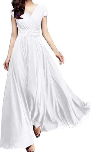 Flowy Maxi Dress Womens Spring Dresses Plus Size Short Sleeve V Neck Long Casual Plain Fashion Wedding Guest Dress S-5X