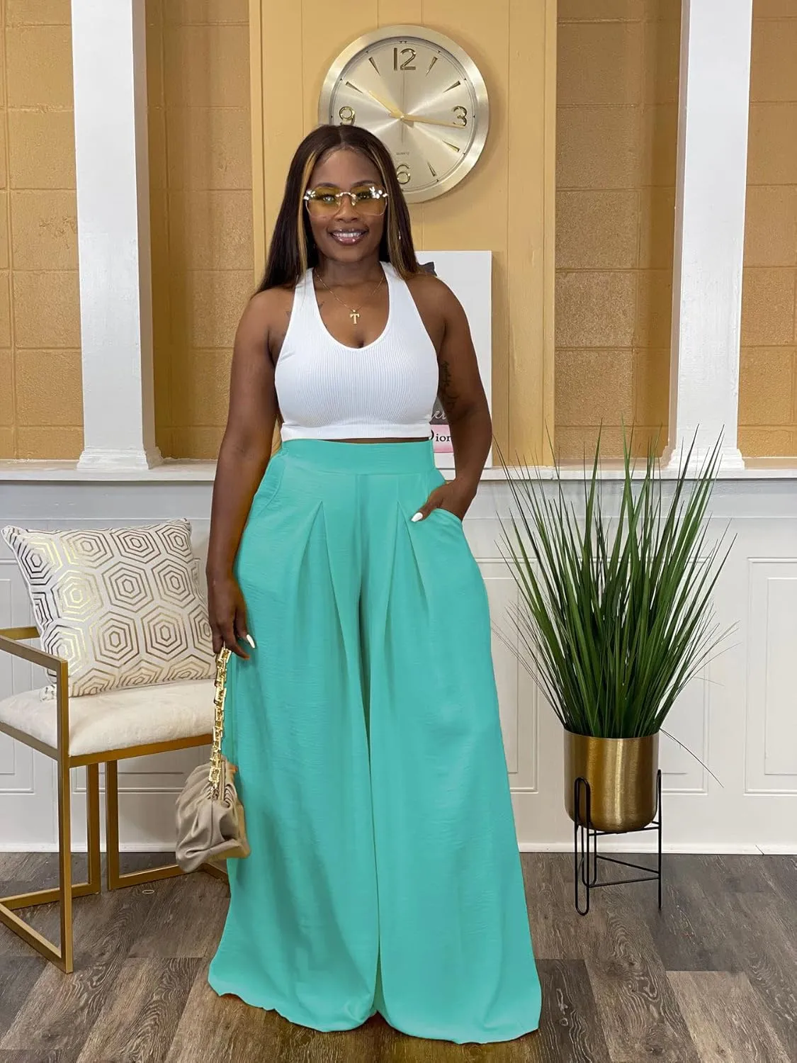 Flowy Pants for Women Casual High Waisted Wide Leg Palazzo Pants Trousers with Pocket Plus Size