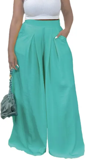 Flowy Pants for Women Casual High Waisted Wide Leg Palazzo Pants Trousers with Pocket Plus Size