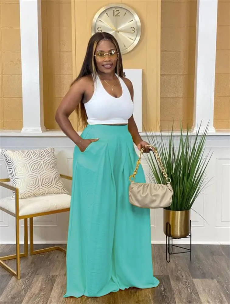Flowy Pants for Women Casual High Waisted Wide Leg Palazzo Pants Trousers with Pocket Plus Size