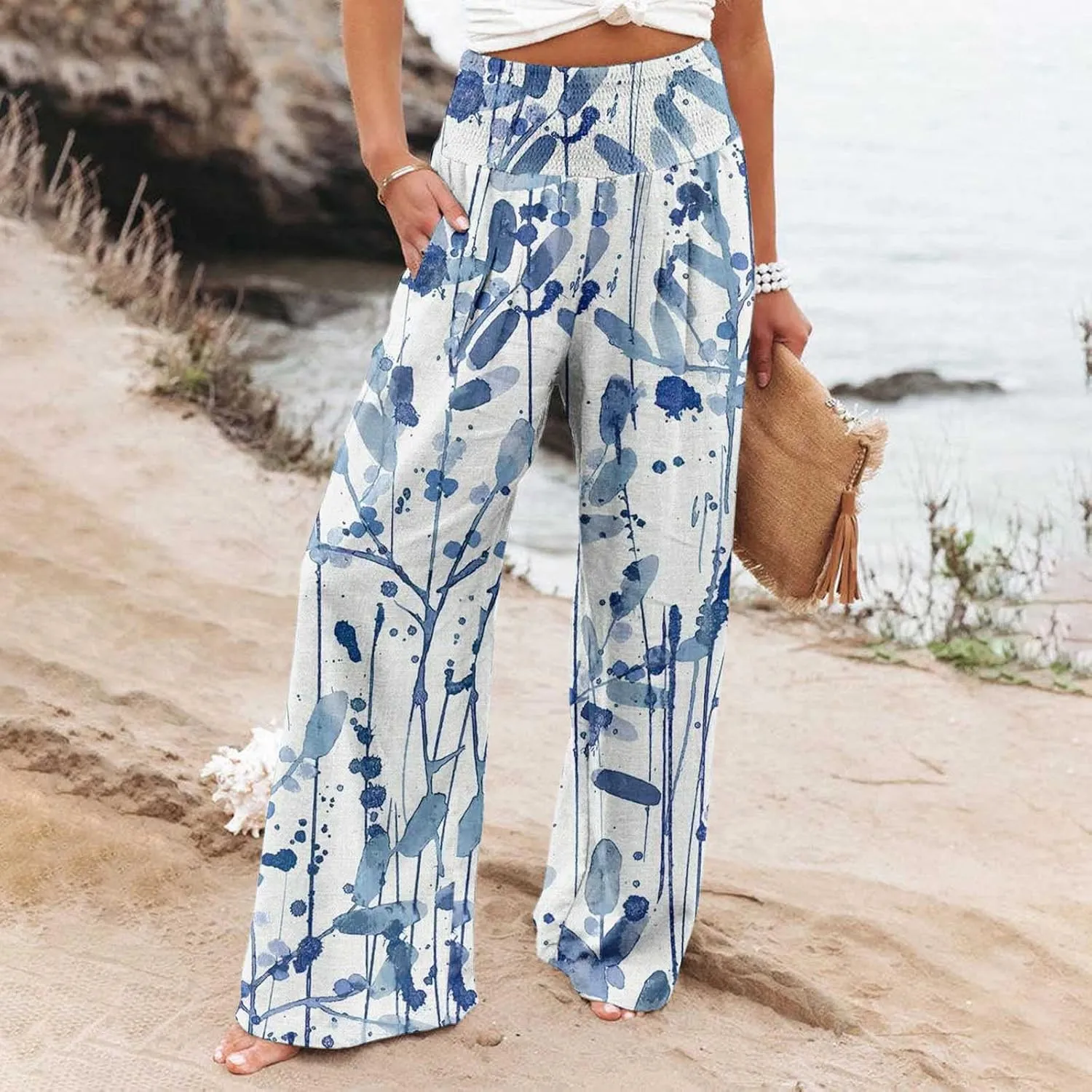 Flowy Summer Pants for Women 2025 Baggy Y2K Summer Stretchy Boho Beach Pants Relaxed Loose Fit Elastic Lightweight Trousers