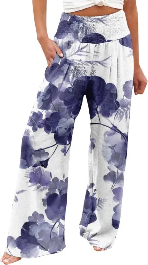 Flowy Summer Pants for Women 2025 Baggy Y2K Summer Stretchy Boho Beach Pants Relaxed Loose Fit Elastic Lightweight Trousers
