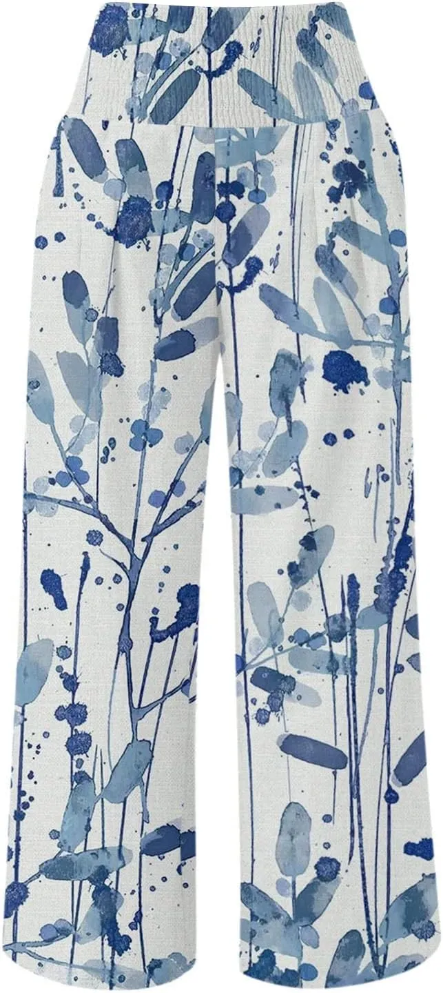 Flowy Summer Pants for Women 2025 Baggy Y2K Summer Stretchy Boho Beach Pants Relaxed Loose Fit Elastic Lightweight Trousers