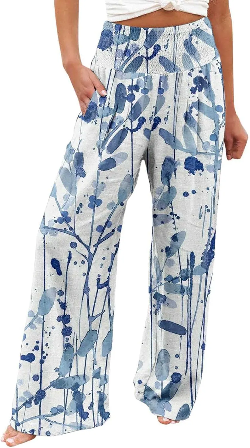Flowy Summer Pants for Women 2025 Baggy Y2K Summer Stretchy Boho Beach Pants Relaxed Loose Fit Elastic Lightweight Trousers
