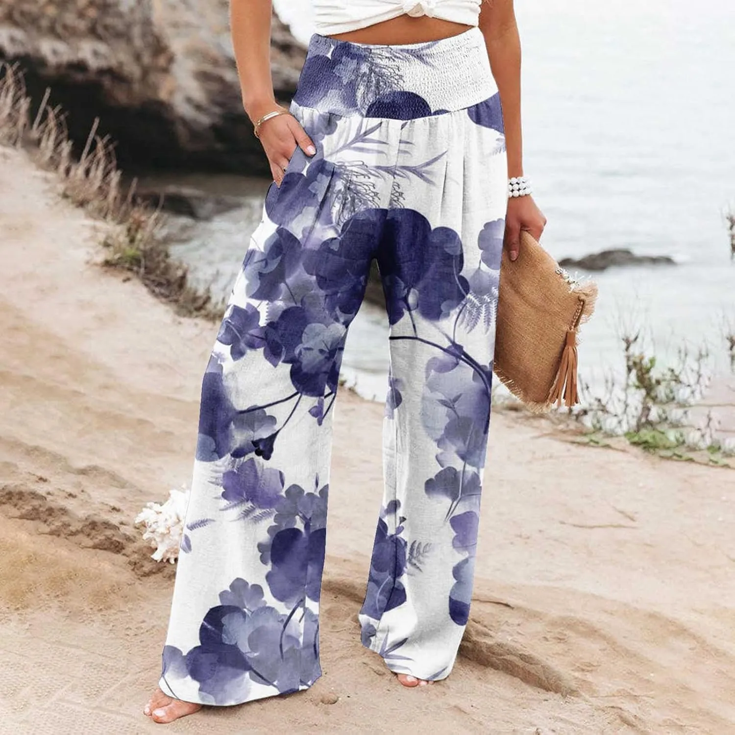 Flowy Summer Pants for Women 2025 Baggy Y2K Summer Stretchy Boho Beach Pants Relaxed Loose Fit Elastic Lightweight Trousers