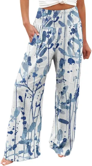 Flowy Summer Pants for Women 2025 Baggy Y2K Summer Stretchy Boho Beach Pants Relaxed Loose Fit Elastic Lightweight Trousers