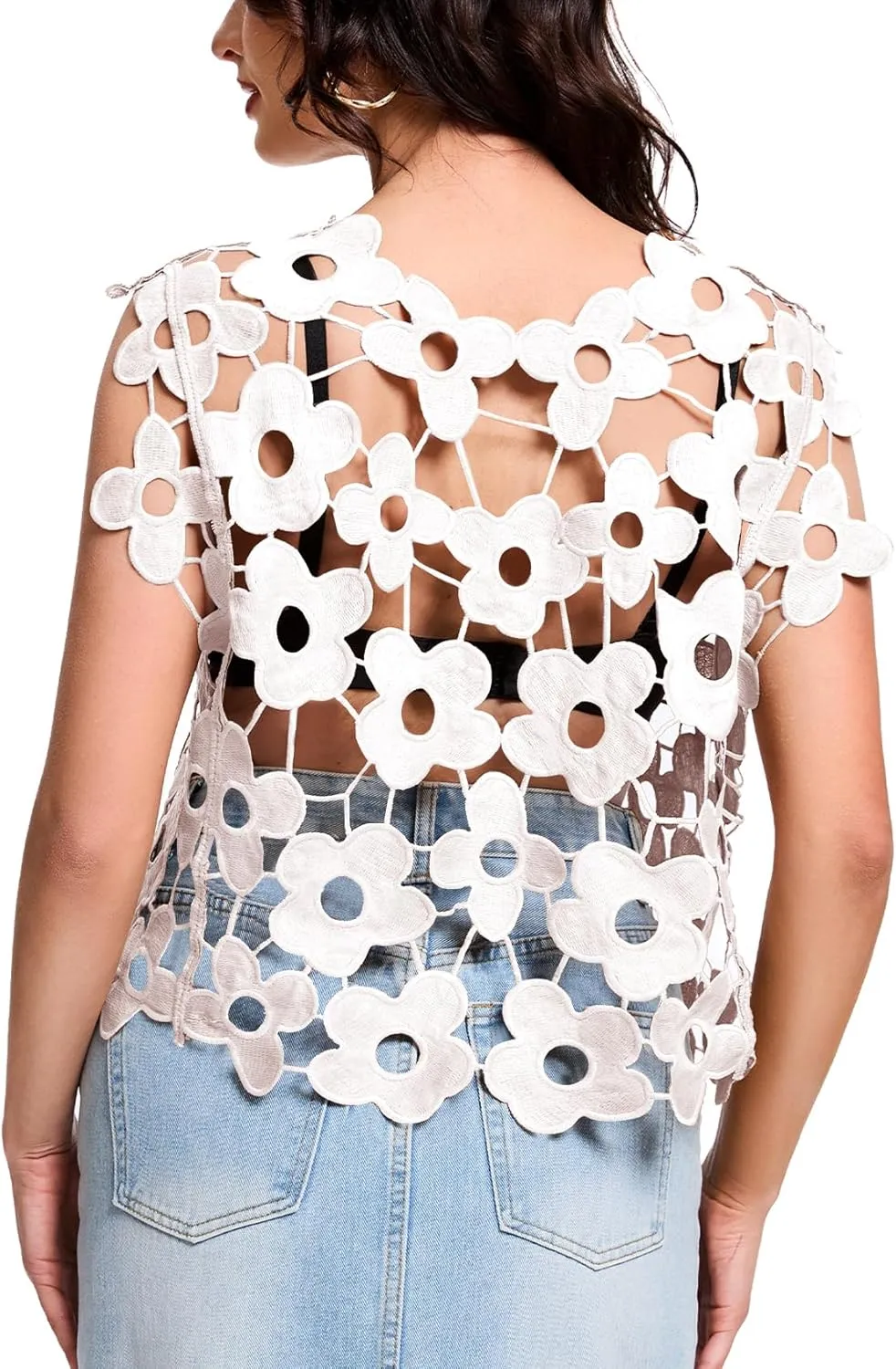 Flygo Hollow Out Floral Lace Crop Top for Women 2025 Trendy Sleeveless Crochet Vest Cover up Y2K Going Out Tops