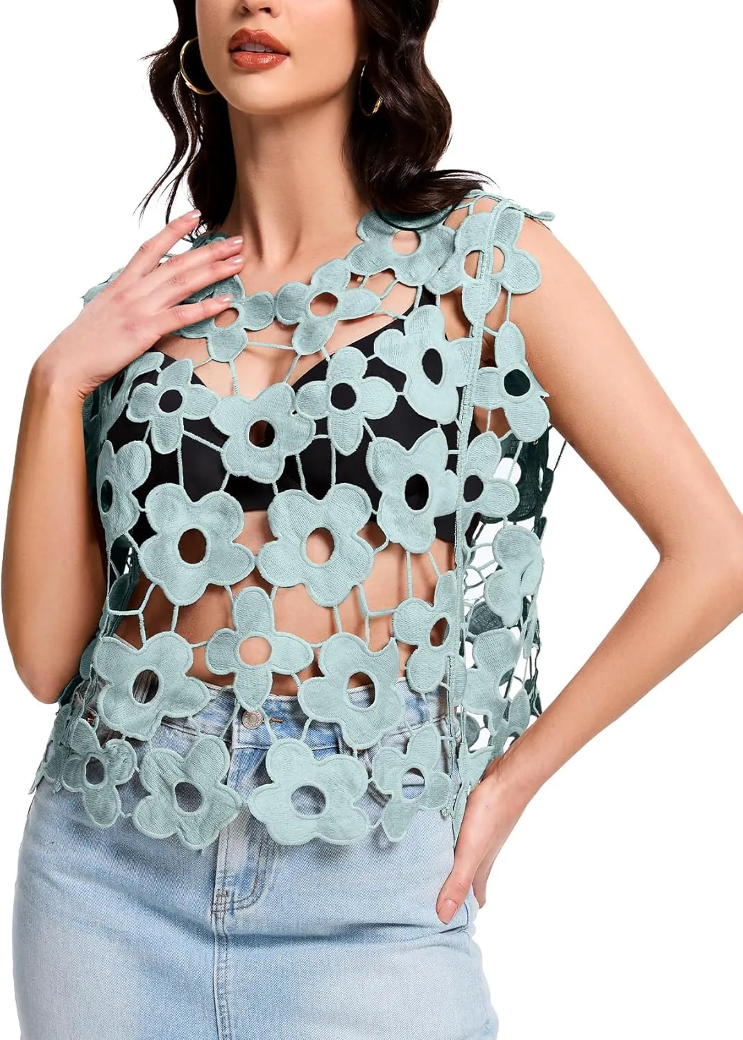 Flygo Hollow Out Floral Lace Crop Top for Women 2025 Trendy Sleeveless Crochet Vest Cover up Y2K Going Out Tops