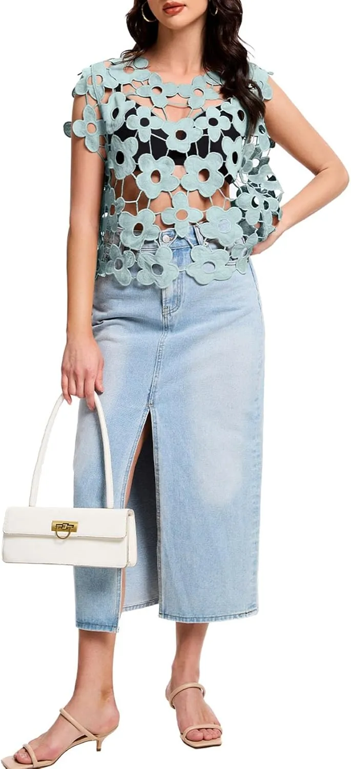 Flygo Hollow Out Floral Lace Crop Top for Women 2025 Trendy Sleeveless Crochet Vest Cover up Y2K Going Out Tops