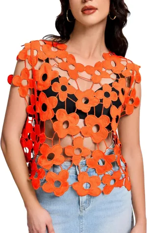 Flygo Hollow Out Floral Lace Crop Top for Women 2025 Trendy Sleeveless Crochet Vest Cover up Y2K Going Out Tops
