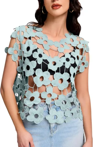 Flygo Hollow Out Floral Lace Crop Top for Women 2025 Trendy Sleeveless Crochet Vest Cover up Y2K Going Out Tops
