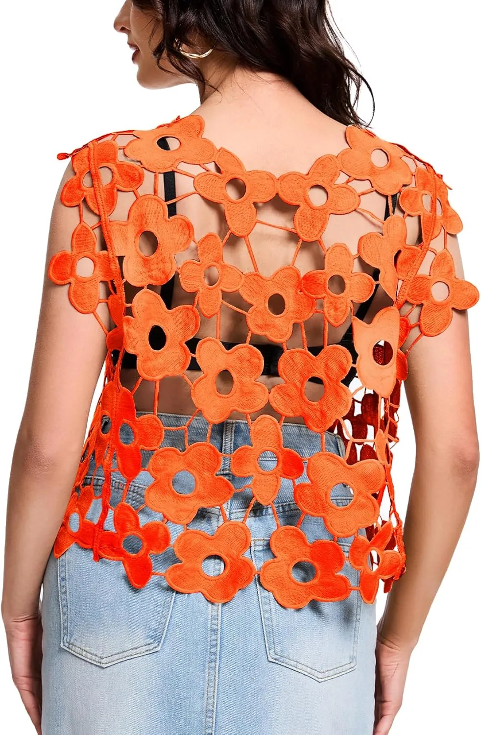 Flygo Hollow Out Floral Lace Crop Top for Women 2025 Trendy Sleeveless Crochet Vest Cover up Y2K Going Out Tops