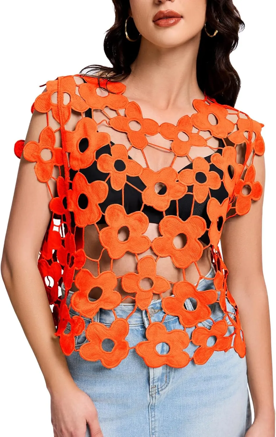 Flygo Hollow Out Floral Lace Crop Top for Women 2025 Trendy Sleeveless Crochet Vest Cover up Y2K Going Out Tops