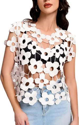 Flygo Hollow Out Floral Lace Crop Top for Women 2025 Trendy Sleeveless Crochet Vest Cover up Y2K Going Out Tops