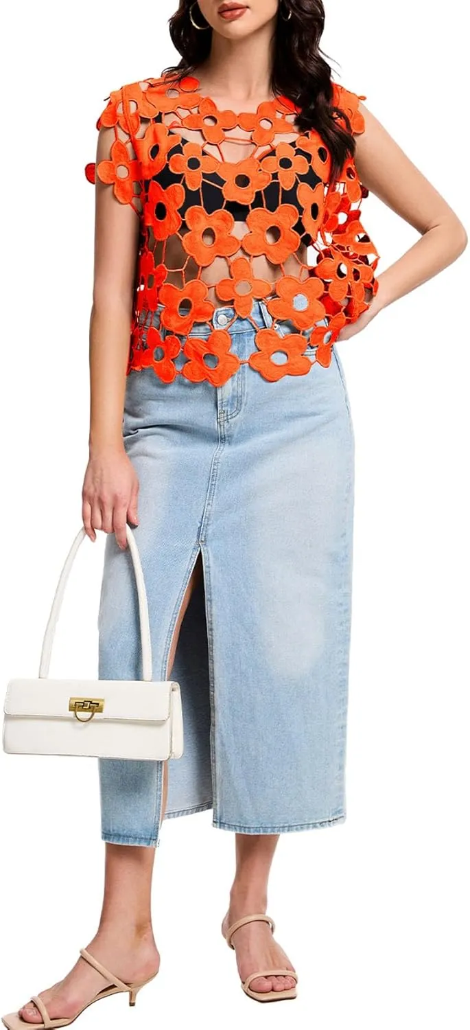 Flygo Hollow Out Floral Lace Crop Top for Women 2025 Trendy Sleeveless Crochet Vest Cover up Y2K Going Out Tops