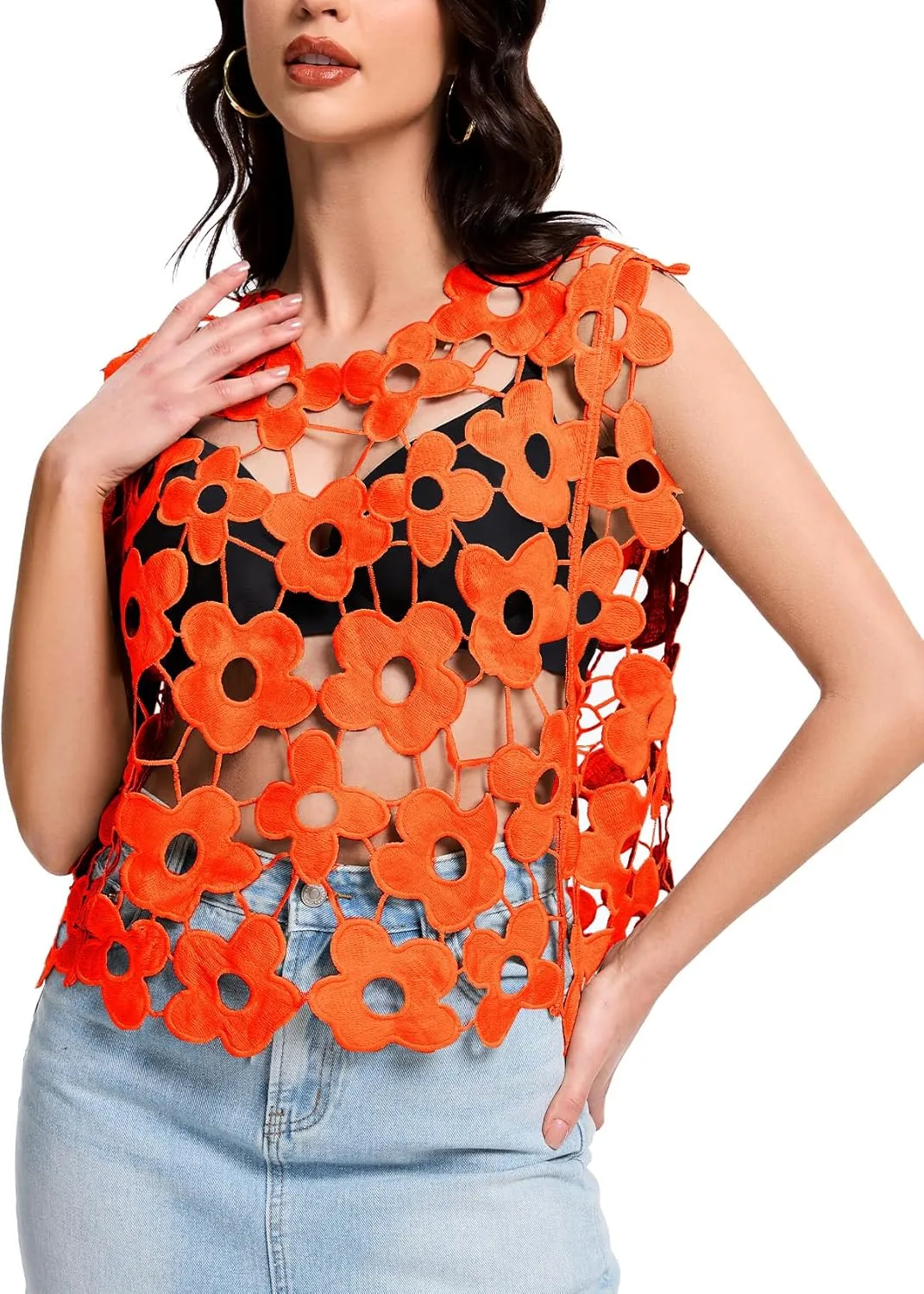 Flygo Hollow Out Floral Lace Crop Top for Women 2025 Trendy Sleeveless Crochet Vest Cover up Y2K Going Out Tops