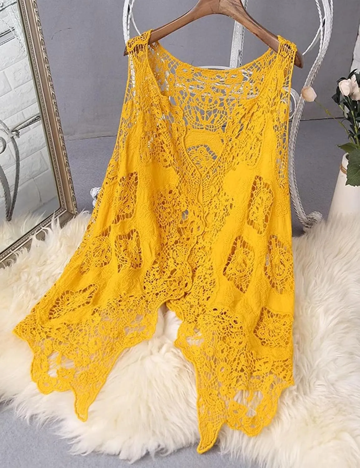 Flygo Women's Open Front Cotton Crochet Lace Boho Hippie Butterfly Vest Cardigan Coverup Sleeveless Irregular Hem