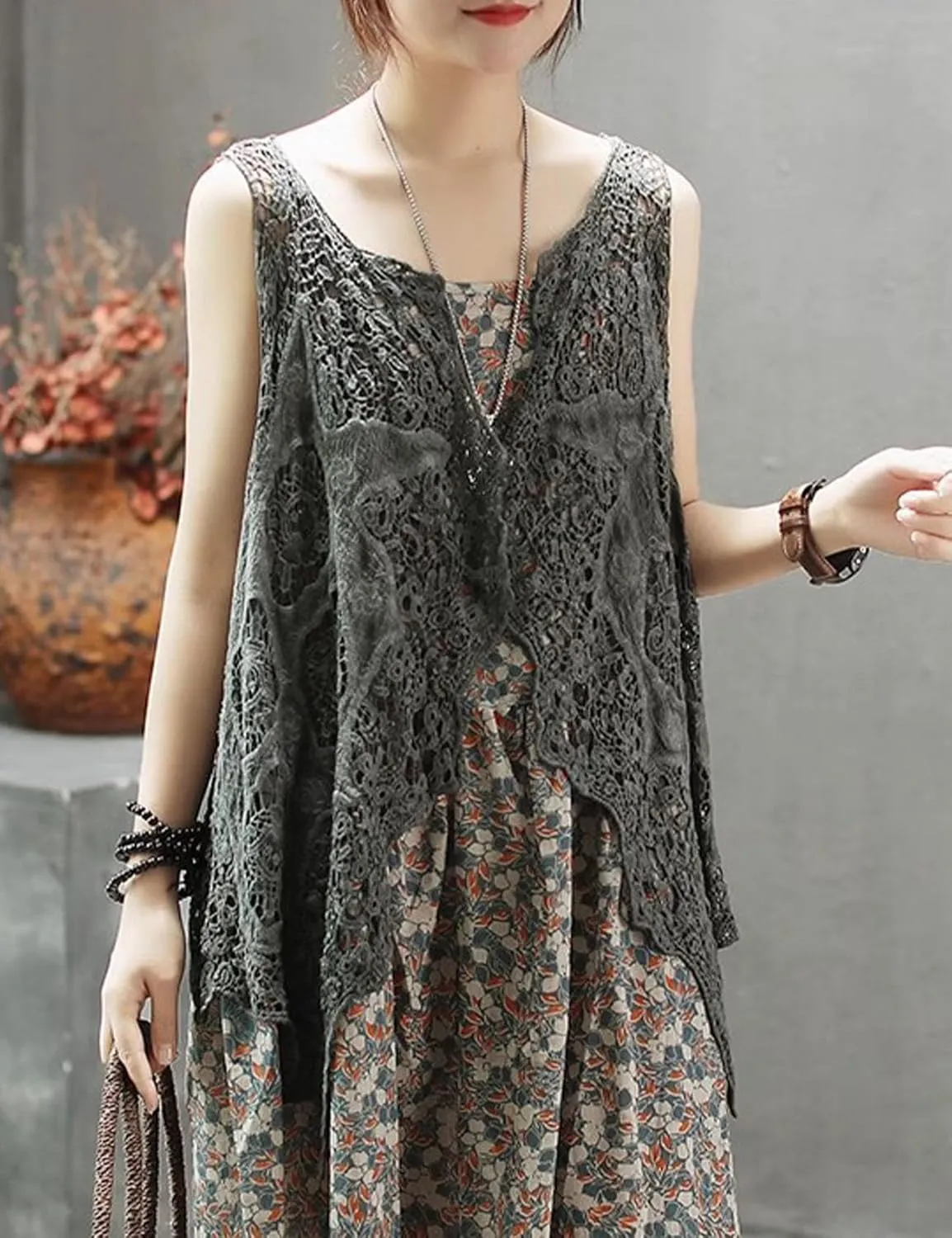 Flygo Women's Open Front Cotton Crochet Lace Boho Hippie Butterfly Vest Cardigan Coverup Sleeveless Irregular Hem