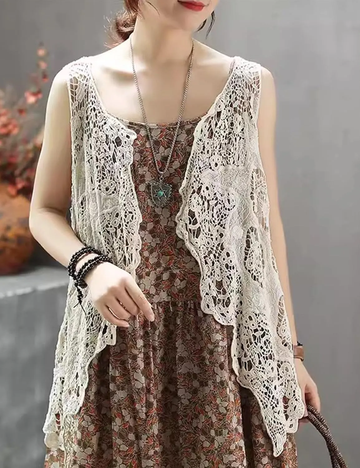 Flygo Women's Open Front Cotton Crochet Lace Boho Hippie Butterfly Vest Cardigan Coverup Sleeveless Irregular Hem