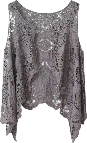 Flygo Women's Open Front Cotton Crochet Lace Boho Hippie Butterfly Vest Cardigan Coverup Sleeveless Irregular Hem