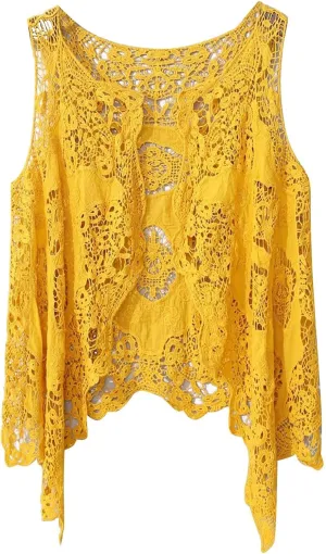 Flygo Women's Open Front Cotton Crochet Lace Boho Hippie Butterfly Vest Cardigan Coverup Sleeveless Irregular Hem