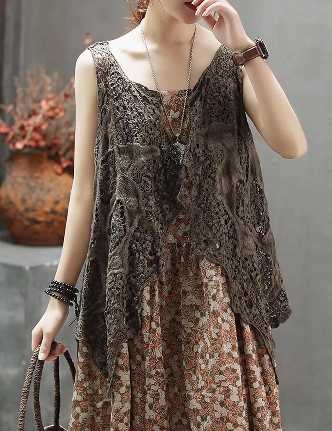 Flygo Women's Open Front Cotton Crochet Lace Boho Hippie Butterfly Vest Cardigan Coverup Sleeveless Irregular Hem