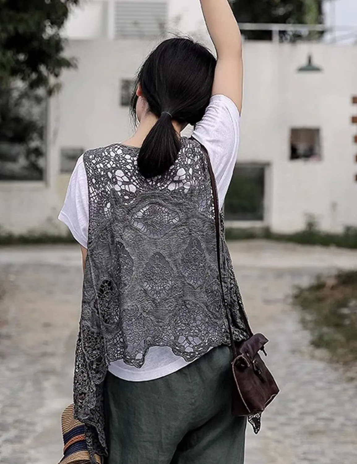 Flygo Women's Open Front Cotton Crochet Lace Boho Hippie Butterfly Vest Cardigan Coverup Sleeveless Irregular Hem